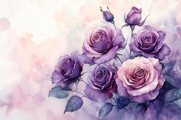 Elegant watercolor depiction of purple roses on a soft background, ideal for wedding invitations, birthday cards, or decorative prints with copy space.
