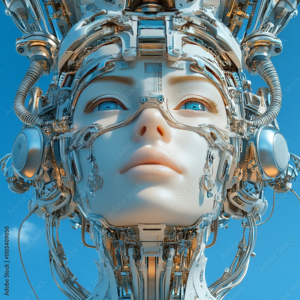 Poster futuristic female android head surrounded by intricate robotic components, depicting advanced artifi