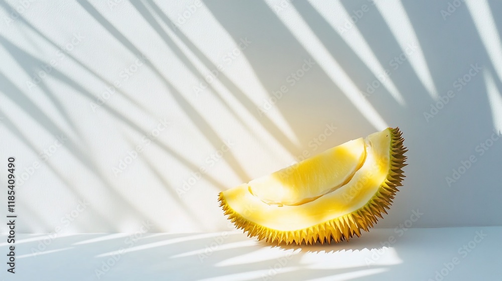 Poster a slice of durian rests on a surface, illuminated by soft light and casting shadows.