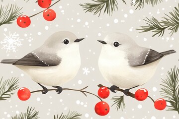 Fototapeta premium Cute Birds with Berries and Snowflakes in Winter Scene
