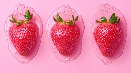 Three Strawberries in Pink Liquid Splash - Vibrant Summer Fruit