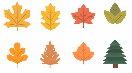 Colorful autumn leaves and evergreen tree icons, isolated on white background, for seasonal design.