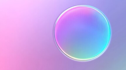 Holographic iridescent circle on pastel background.