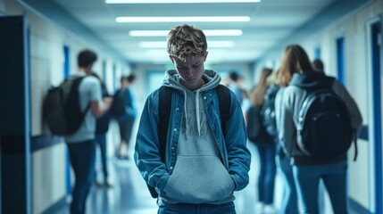 Sad Teenager Alone in School Hallway - Gloomy Atmosphere
