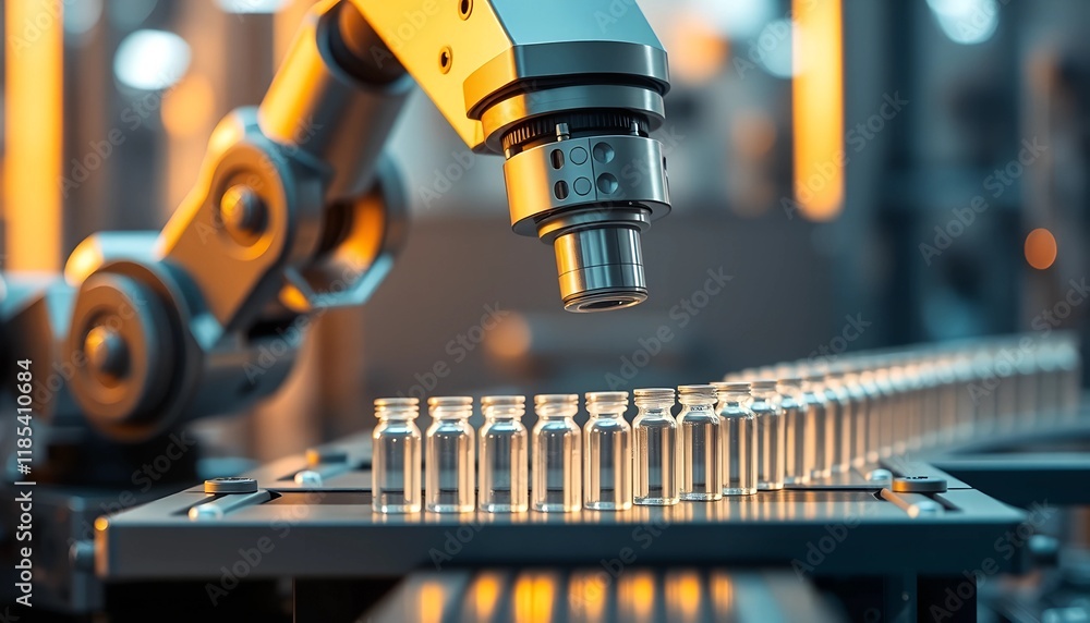 Poster modern production line: automated machinery processing glass bottles with precision