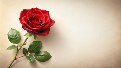 Fototapeta premium Red rose on textured beige background.Love, romance and celebration for Valentine's Day cards,birthday, social media posts and other romantic occasions