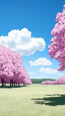 Serene Spring Landscape with Blossoming Pink Cherry Trees Under a Blue Sky