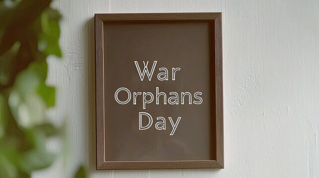 A framed sign reading "War Orphans Day" on a wall, highlighting a social issue.
