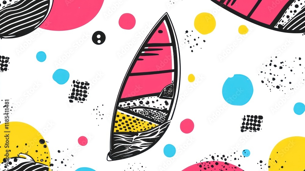 Poster abstract surfboard pattern with colorful circles and geometric shapes.
