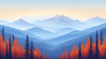 Obraz premium Serene Autumnal Mountain Range with Fog-Shrouded Peaks and Red-Leafed Trees
