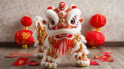 Chinese toy lion dance surrounded by traditional Chinese New Year decorations such as red envelopes and lanterns