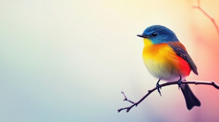 Fototapeta premium Vibrant Rainbow Bird Perched on a Branch in a Soft, Pastel Background