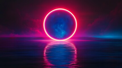 Neon Oval Portal Reflecting In Calm Water