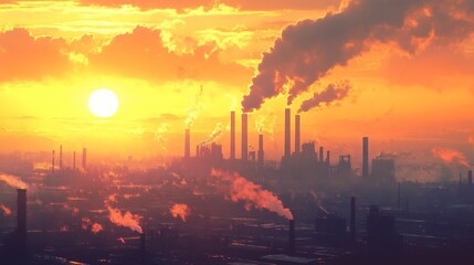 Fototapeta premium A sunset over a sprawling industrial landscape, with steam rising from factories.