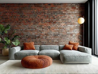 Stylish home interior design in a modern urban loft with exposed brick and cozy elements