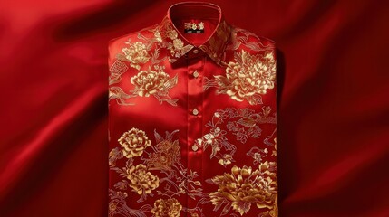 Chinese New Year shirt in bold red, decorated with golden patterns of peonies and auspicious symbols
