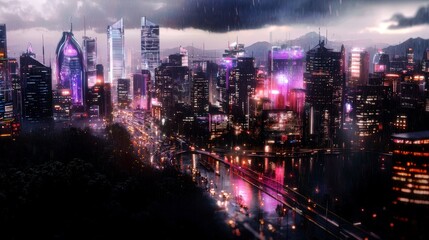 Obraz premium Futuristic Cityscape Rain Night Neon Smart City Urban Technology