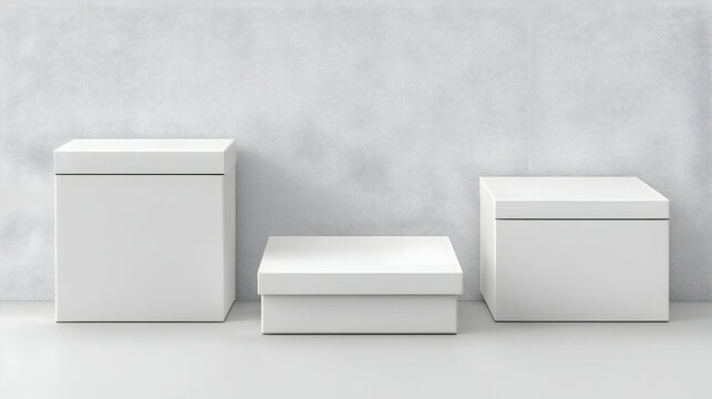 Three blank white boxes on a platform against a textured wall; product display mockup
