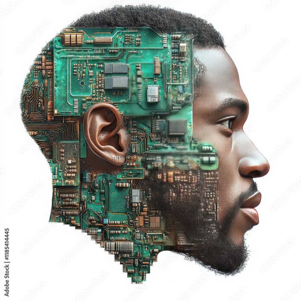 Poster Profile portrait of a man with embedded digital circuits, symbolizing the seamless integration of technology and humanity in an advanced conceptual design focused on AI driven innovation