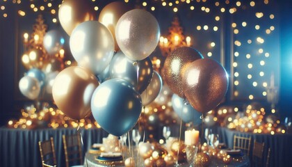 Elegant party table setting, gold and silver balloons, twinkling fairy lights background, romantic candlelit dinner, festive celebration atmosphere, luxurious event decor, glamorous evening ambiance, 