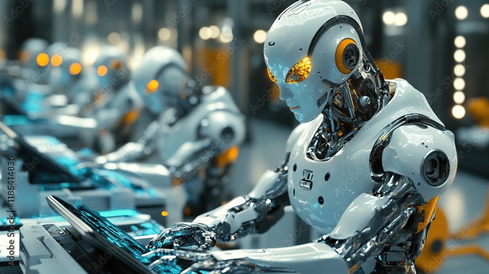 Poster manufacturing robots working in harmony with human operators.