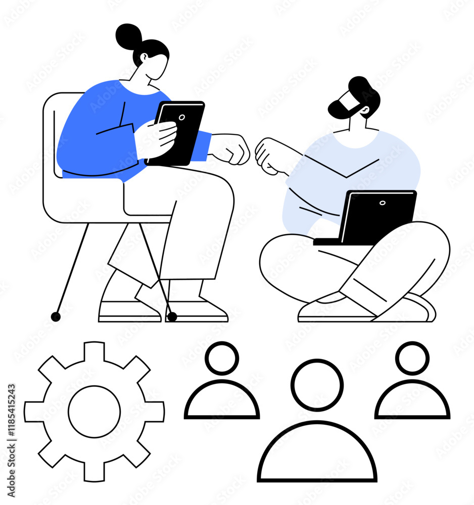 Poster two colleagues interacting with tablets and laptops, discussing ideas. gear and user icons highlight