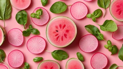 Plant-Based Cuisine with Seasonal Herbs for Vegan Living concept. Colorful arrangement of watermelon and radishes with mint.