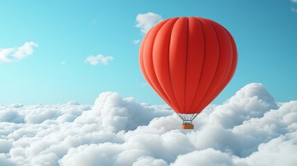 Fototapeta premium A vibrant red hot air balloon floats serenely above a sea of fluffy white clouds under a clear blue sky