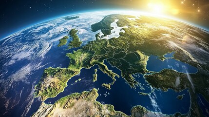 Sunrise over Europe: A Detailed Aerial View with Lush Green Tones