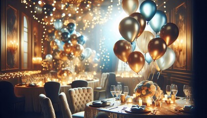 Elegant party table setting, gold and silver balloons, twinkling fairy lights background, romantic candlelit dinner, festive celebration atmosphere, luxurious event decor, glamorous evening ambiance, 