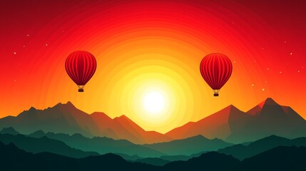 Fototapeta premium Two red hot air balloons ascend over a majestic mountain range at sunrise