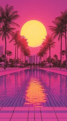 Fototapeta premium Retro-futuristic Sunset Over a Tropical Canal with Palm Trees