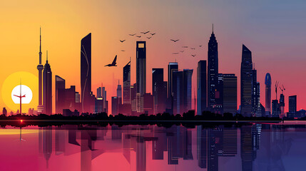 Fototapeta premium A city skyline with a sunset in the background. generated using AI