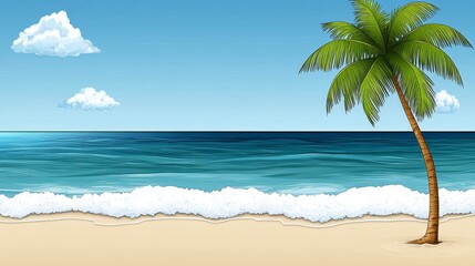 Obraz premium Idyllic Tropical Beach Scene with Single Palm Tree and Gentle Waves