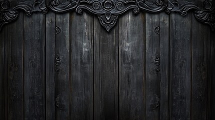 Dark, aged, wooden wall panel with ornate carvings.