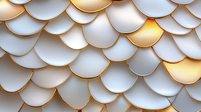 Overlapping white and gold satin tiles create a dynamic, elegant fish-scale pattern.