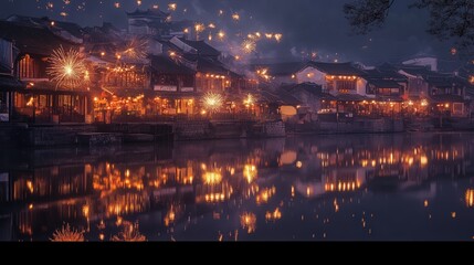 peaceful village setting where firecrackers light up the night, reflecting their brilliance on nearby houses during Chinese New Year.