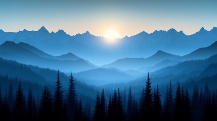 Fototapeta premium Majestic Sunrise Over Blue Mountains and Silhouetted Coniferous Forest