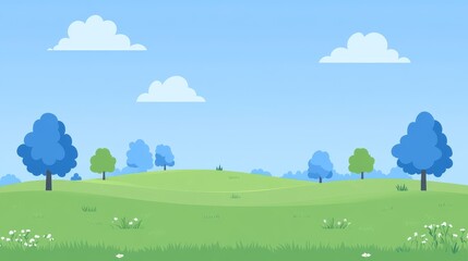 Serene Landscape Rolling Green Hills, Blue Trees, and Fluffy White Clouds Under a Bright Blue Sky