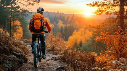 Autumn mountain biker enjoys scenic forest trail at sunset.