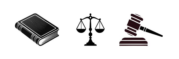 Vector illustration of legal-themed silhouettes, including a closed book, scales of justice, and a judge's gavel. Minimalist flat design, perfect for law, justice, and regulation concepts.