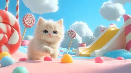 Adorable Fluffy Kitten Exploring a Vibrantly Colorful Candy Wonderland, Surrounded by Lush Sweet Treats, Pastel Hues, and a Dreamlike Atmosphere of Sugary Charm