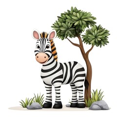 Cute cartoon zebra with orange mane, standing near a tree, surrounded by rocks and grass, soft black and white stripes, 3D digital illustration with vibrant green leaves and nature elements