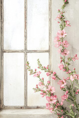 Fototapeta premium Valentine Themed of Beautiful pink flowers cascading by vintage window, creating serene atmosphere