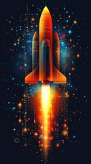 Obraz premium A vibrant, stylized depiction of a rocket launching into space, engulfed in fiery propulsion