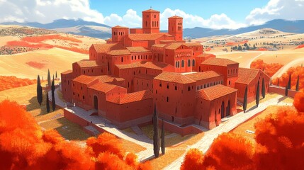 Obraz premium A Hilltop Tuscan Village in Autumn, Red-Roofed Buildings and Cypress Trees