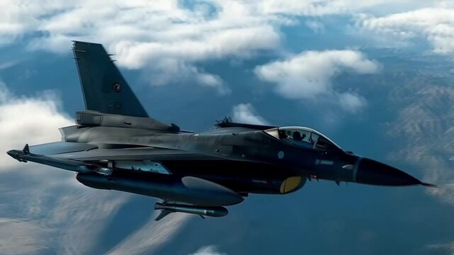Scene of fighter plane maneuvering to carry out its mission, seamless looping motion for background video animation.