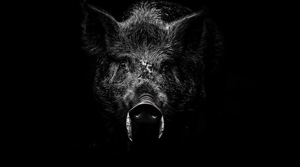 Black and white close-up portrait of a wild boar against a dark background, showing its tusks and intense gaze.