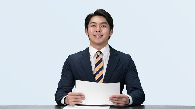 man, businessman, speaking, announcer, news, article, television, caster, japanese, asian, broadcast, reporting, mass media, media, studio, document, video conference, video call, web, online, reading