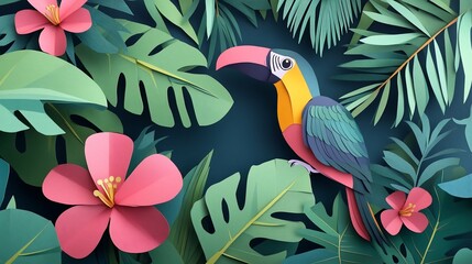 Tropical toucan, vibrant flowers, and lush leaves in a paper cut design.